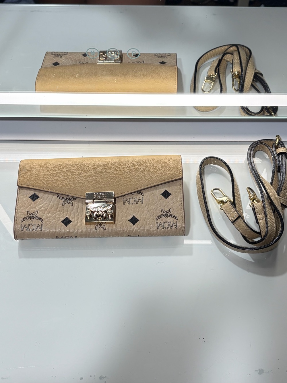 MCM Beige Monogram Leather Wallet with Detachable Strap